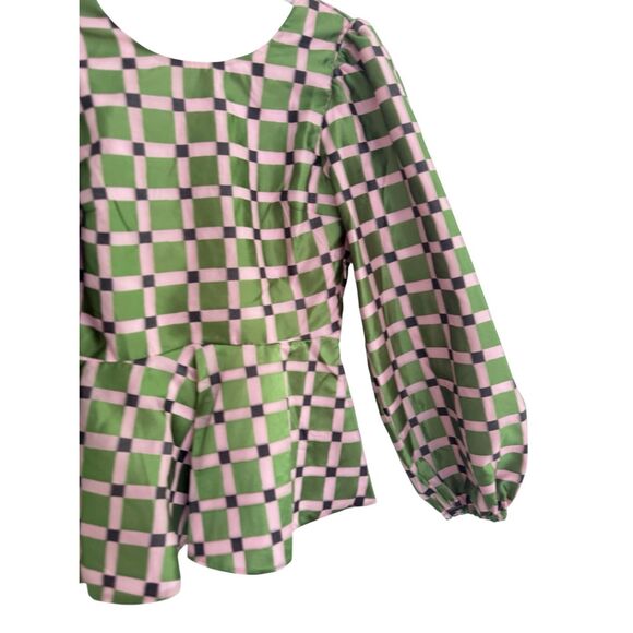 Stine Goya Gara Metallic Check Balloon Sleeve Peplum Top Green Women's Small - Picture 4 of 10